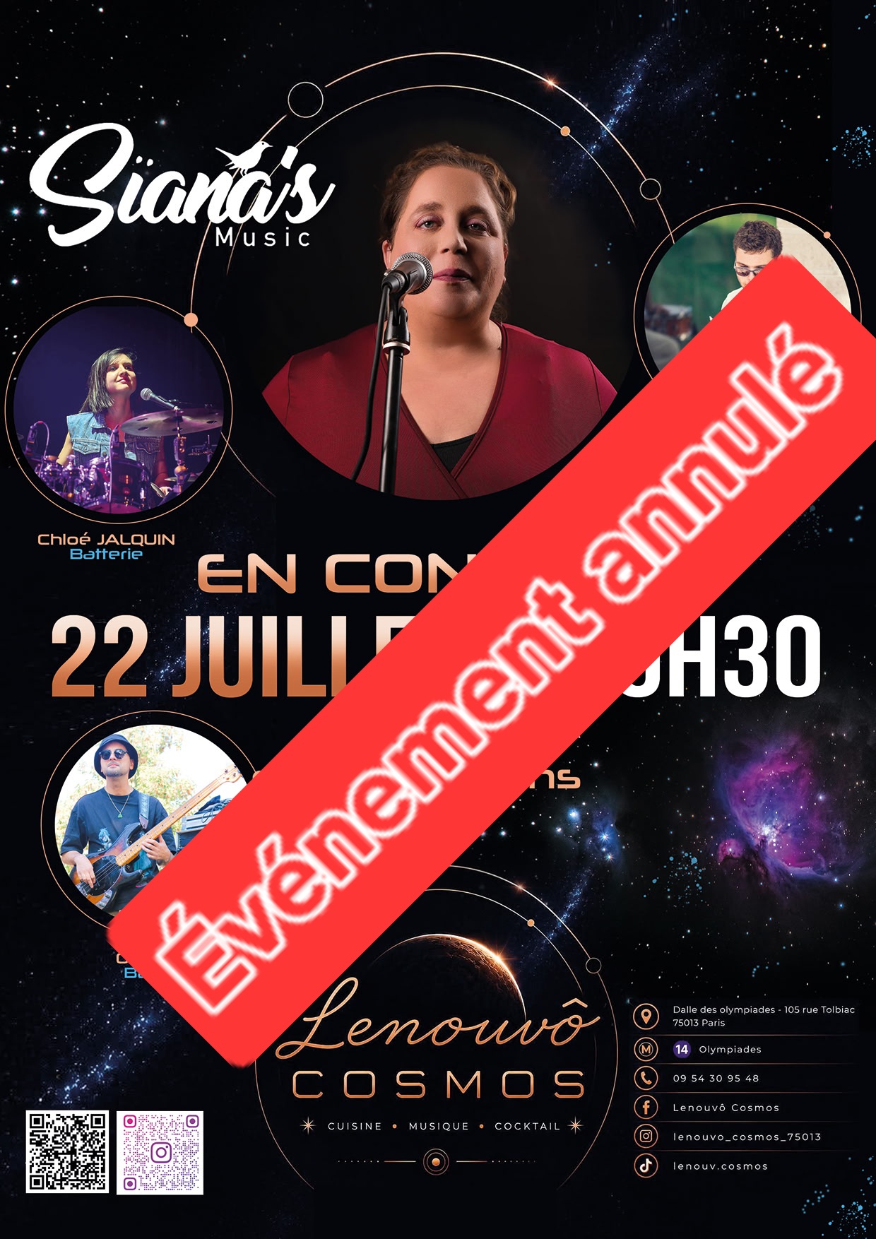 Concert du 22 juillet 2026 au Lenouvô Cosmos, Paris — événement annulé